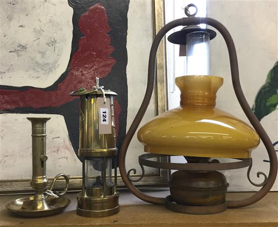 Hanging oil lamp, with mustard glass shade, brass Davy lamp & a brass adjustable candlestiock